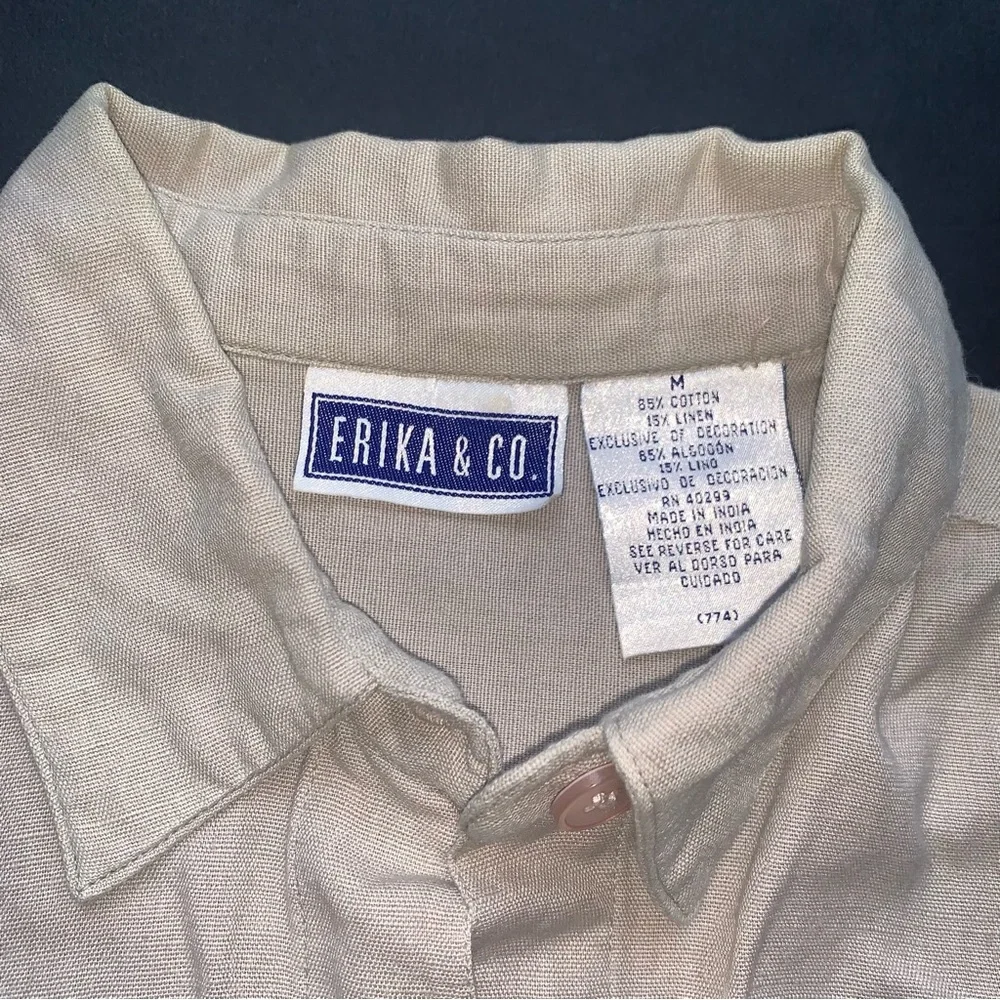 Vintage Beige Embroidered Button-Up Blouse